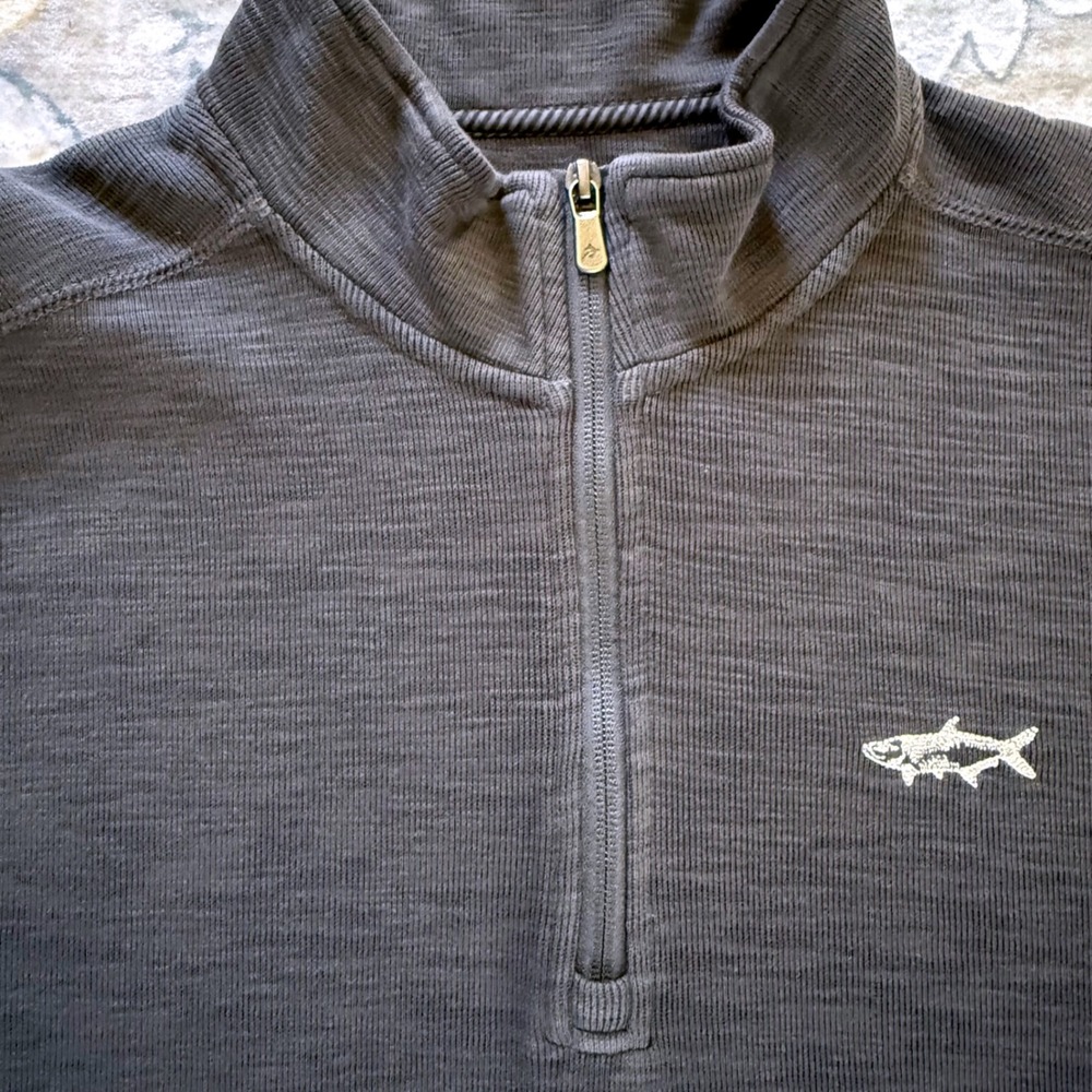 Orvis Quarter Zip Pullover Men Size M Grey Cotton Slub Knit Sweater Fly Fish - Picture 2 of 10